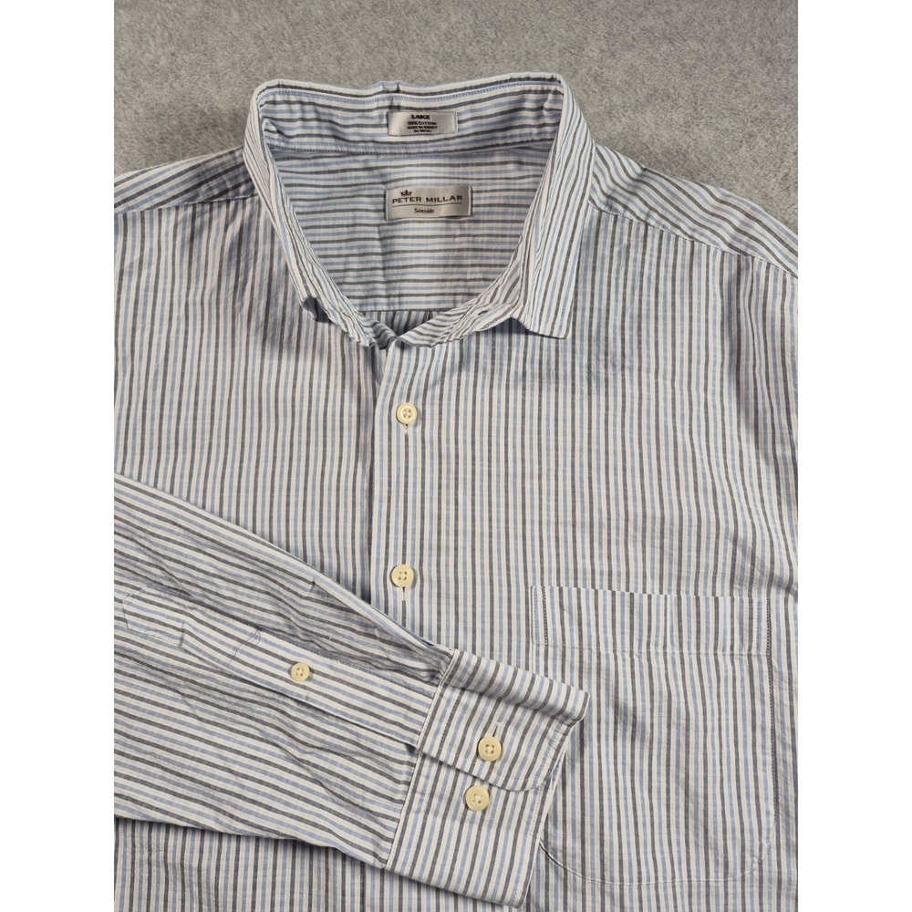 Peter Millar Seaside Collection Large Blue Gray Stripe 100% Cotton Button Down - Picture 1 of 7